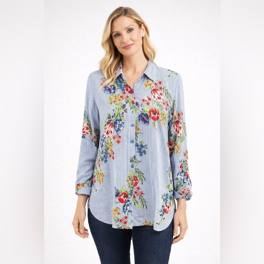 Unique Spectrum Floral Stripe Button Down Blouse Rayon Size Large